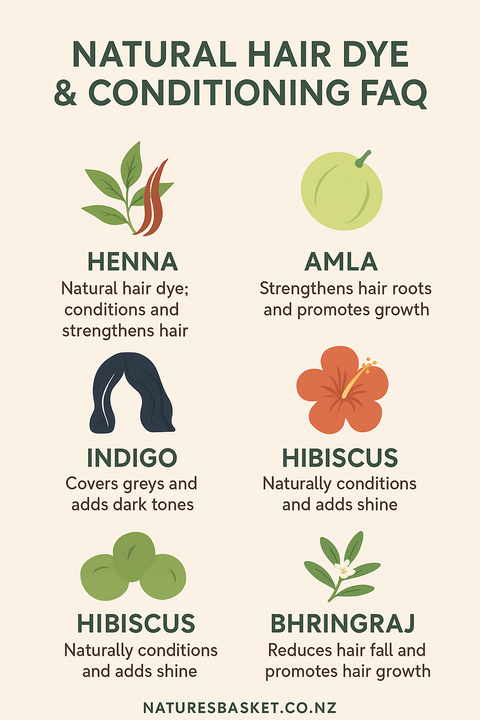 Natural-Hair-Dye-Conditioning-FAQ-with-Henna-Amla-Indigo-Hibiscus-Bhringraj-Nature-s-Basket-NZ Nature's Basket - NZ