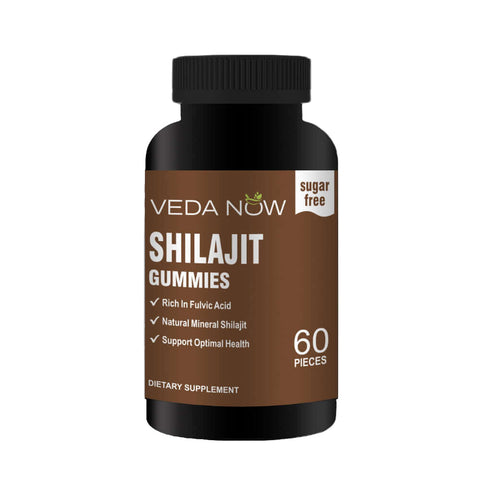 Veda Now Shilajit Gummies NZ (vegan, sugar-free) with Vitamin B12—bottle and gummies close-up