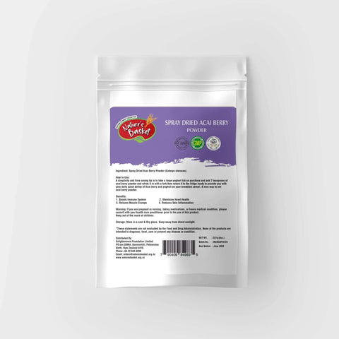 Back label directions and ingredients — 100% açaí powder 227g — Tauranga