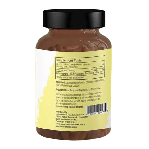 Back label: ashwagandha root powder, vegetable cellulose capsule — Nature’s Basket NZ