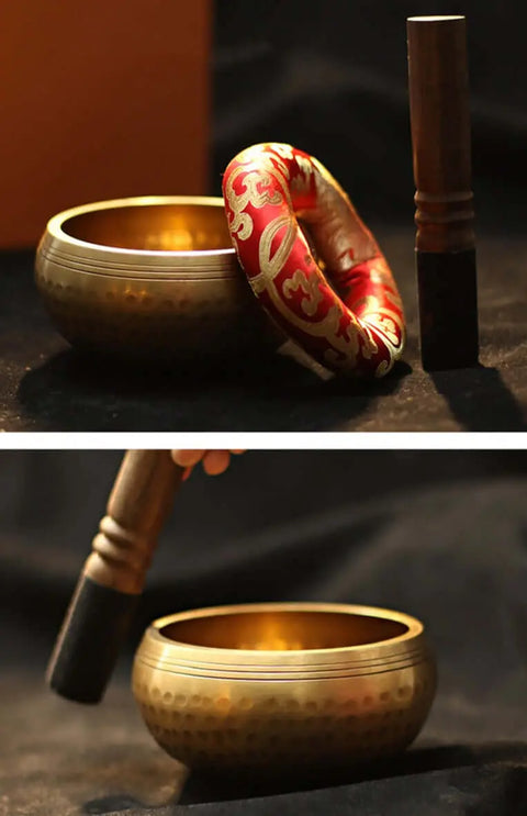 Tibetan singing bowl set close-up — alloy bowl, wooden mallet, red silk cushion — New Zealand