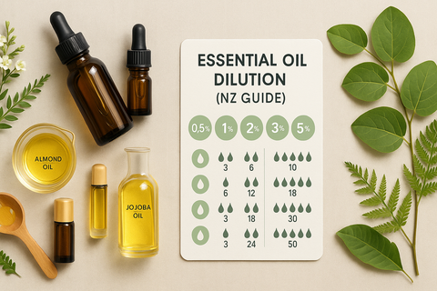 How to dilute essential oils NZ: dropper adding EO to carrier oil beside 10 ml beaker and labels