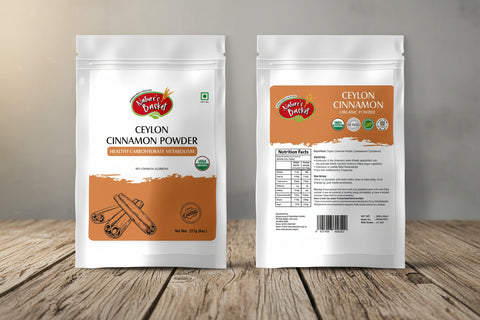 Ceylon cinnamon powder with labels on a white background